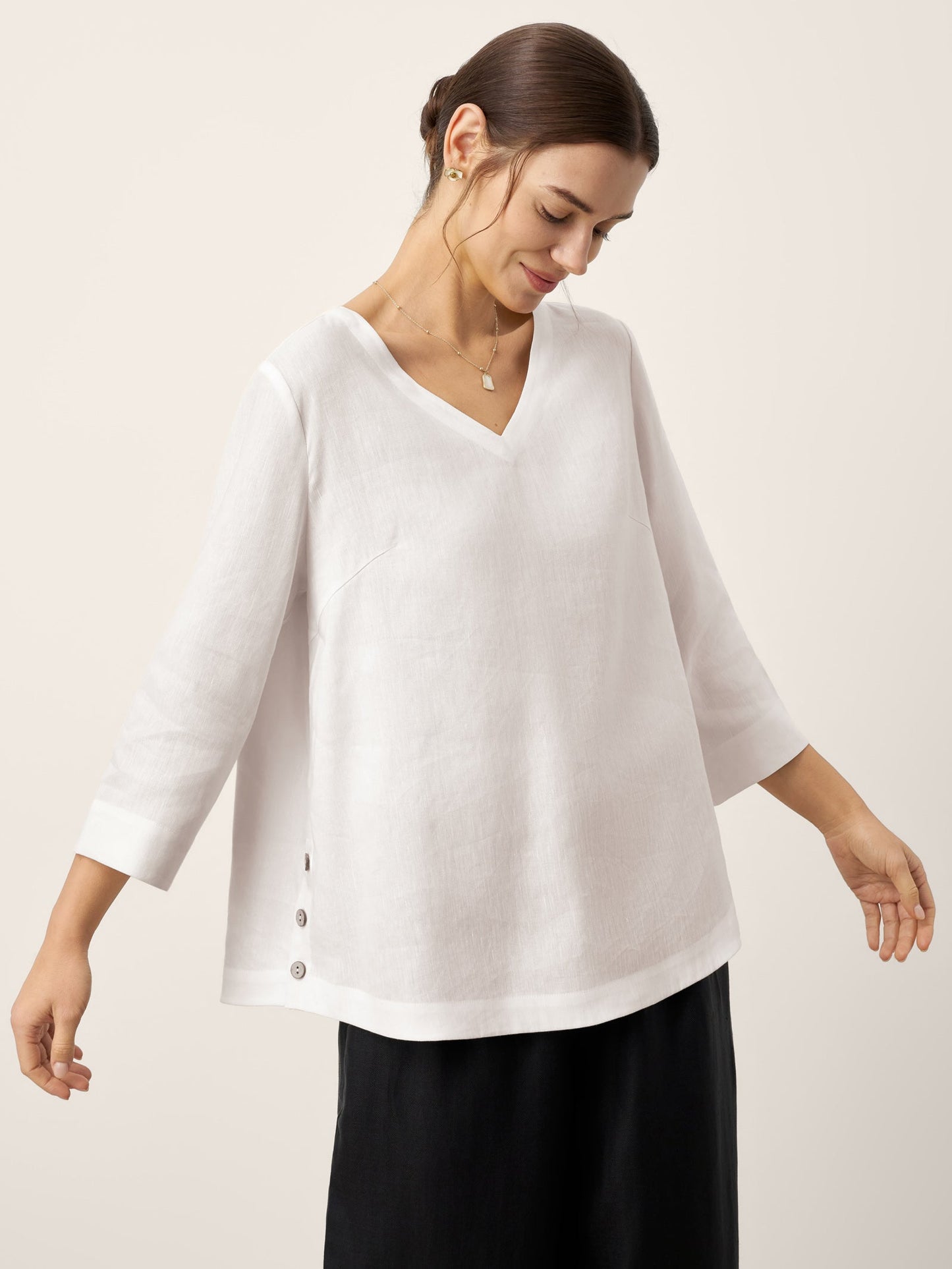 Linen-Lyocell V-Neck Button Detail Overtop ODETTE