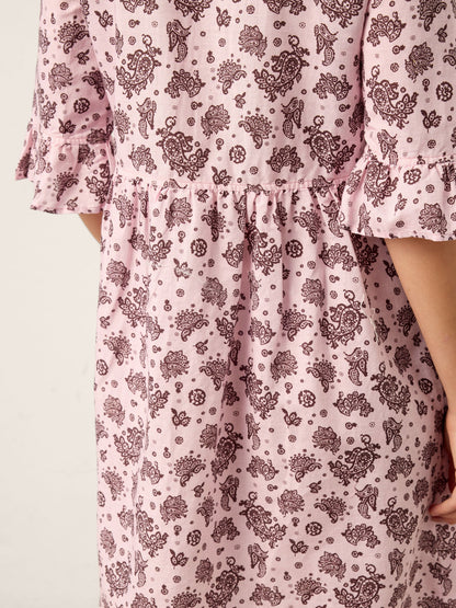 Linen Paisley Pintucked Ruffle-Cuff Maxi Dress MAELYN