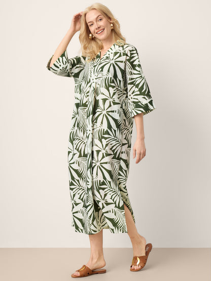 Linen Palm Print Camp Collar Relaxed Maxi Shirt Dress MINERVA
