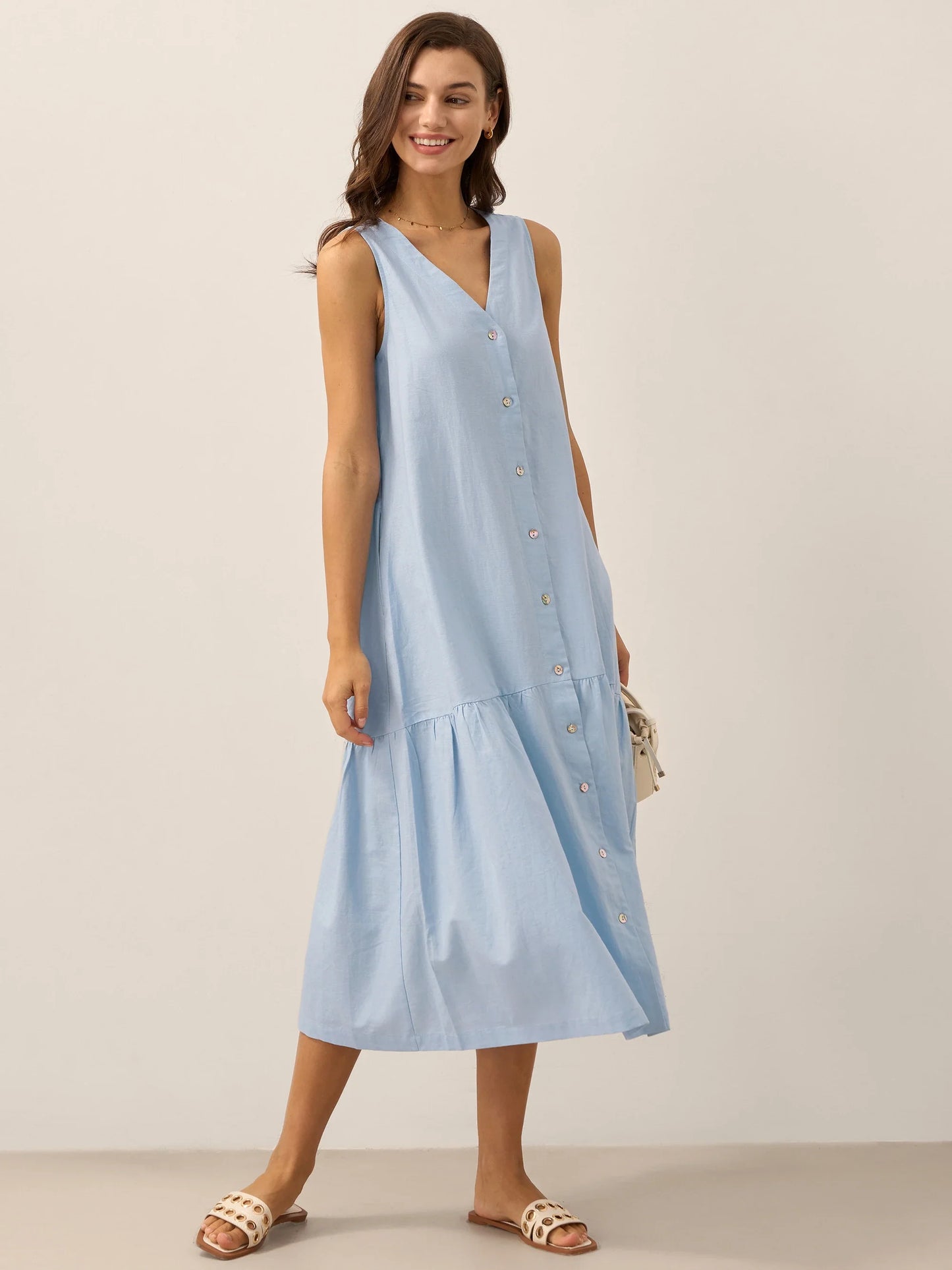 Linen Vacation Sleeveless V-Neck Mid-Length Dress CELINE