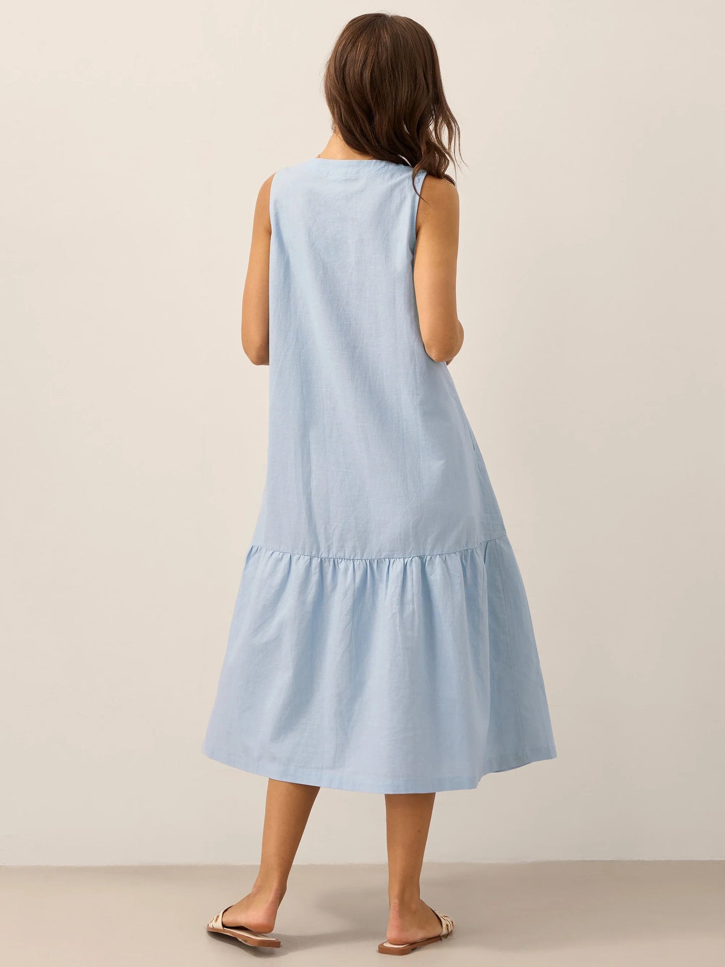 Linen Vacation Sleeveless V-Neck Mid-Length Dress CELINE