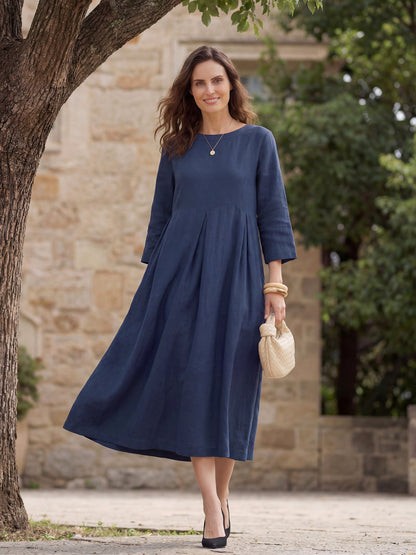 100% Linen Bateau Neck Pleated Maxi Dress
