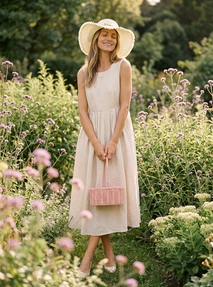 100% Linen Sleeveless Crew Neck Waist Pleated Maxi Dress SELENE