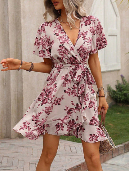Women Clothing Summer Printed Dress Spotted Ruffled Wrap Lace up