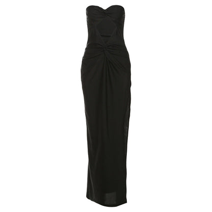 Women Clothing Spring Summer Solid Color Sexy Backless Tube Top Hollow Out Cutout Slim Sheath Dress
