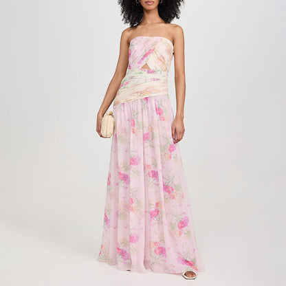Vacation Sexy Fairy Wrapped Chest Silk Elegant Floral Maxi Dress Summer Beach Dress