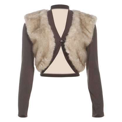 Autumn Winter Women Clothing Sexy Cropped Ultra Short Contrast Color Plush Stitching Small Cardigan Coat for Women