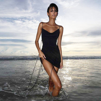 Spring Women Clothing Sexy Swing Collar Backless Solid Color Drawstring Lace Slim Fit Dress