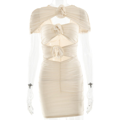 Sexy Hollow Out Cutout Sleeveless Hip Dress Elegant Floral Decorative Pleated Dress Summer
