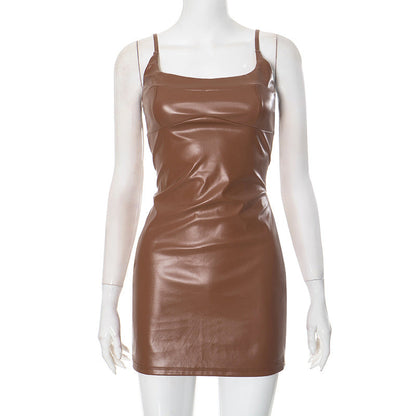 Sexy Women Clothing Solid Color Sleeveless Strap Leather Tight Sexy Short Dress