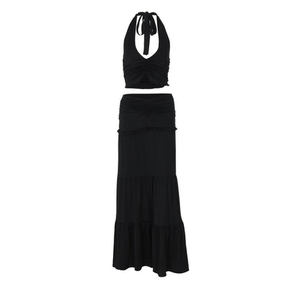 Women Clothing Summer Lace Halterneck Vest Pleated Skirt Two Piece Set for Women