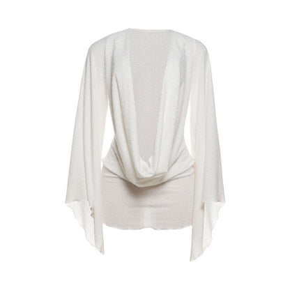 Autumn Winter Sexy Swing Collar Bell Sleeve Solid Color Sheath Short