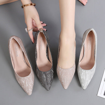Korean Cocktail High Heels Metal Heel High Heel Low Cut Pointed Shining Sequin Cloth Pumps