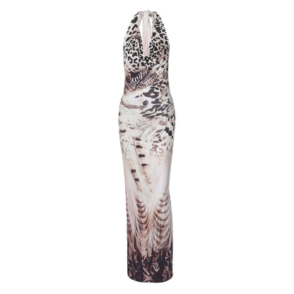 Women Clothing Autumn Printed Sexy Backless Slim Fit Lace up Dress