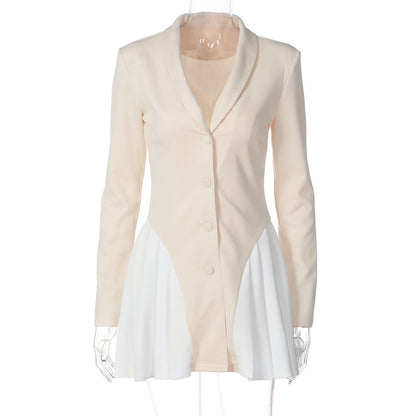 Women Clothing Autumn V neck Button Contrast Color Short Slim Fit Long-Sleeved Dress for Women