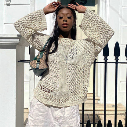 Round Neck Hollow Out Cutout Long Sleeved Criss Cross Blouse Summer See through Sexy Top Beach Sweaters