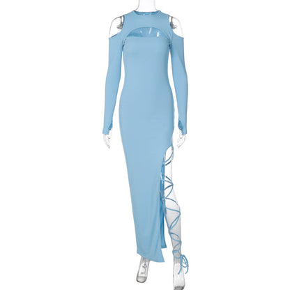 Sexy Leggings Split Dress Autumn Women Clothing Solid Color Long Sleeve Hollow Out Cutout Dress