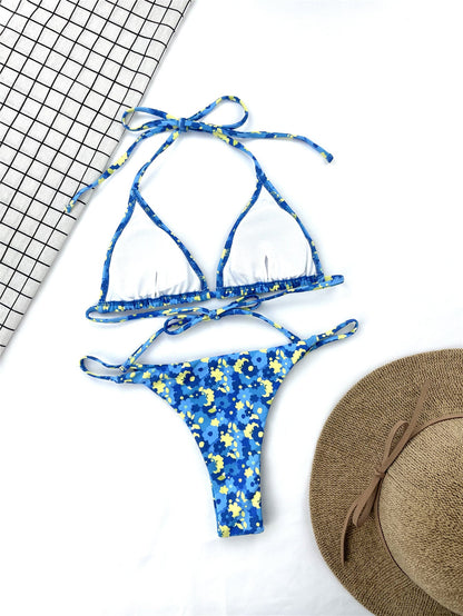 Women Seperated Swimwear Blue Floral Tie-Neck Bikini