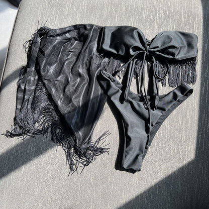 Tassel Bandeau Sling Mesh Three Piece Swimsuit Bikini