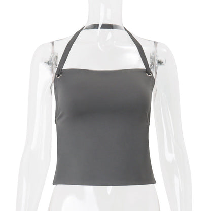 Women Clothing Summer Sexy Bare Back Slim Solid Color Short Halterneck Vest Top