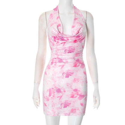 Women Clothing Tie Dyed Printed Halter Backless Sexy Sexy Hip Dresses