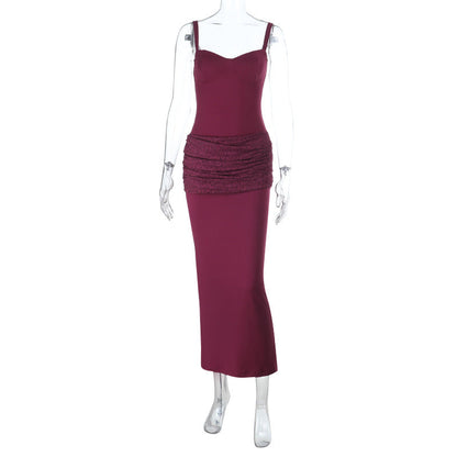 Autumn Winter Solid Color Lace Deep V Plunge Sexy Backless Stitching Strap Dress