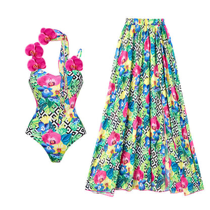 Floral Shoulder Strap Hollow Out Cutout Print One Piece Swimsuit Women Holiday