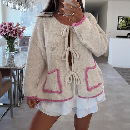 Contrast Color Bow Lace up Autumn Winter Sweater Casual Loose Long Sleeve Pocket Knitwear Top