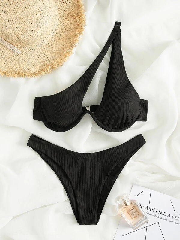 Sexy Women Seperated Swimwear Solid Color One Shoulder Underwire Bikini