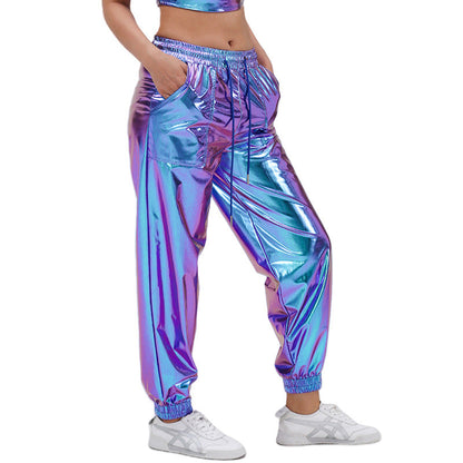 Women Pants Street Trend Bronzing Ankle Banded Pants Sports Bright Leather Loose Performance Clothes