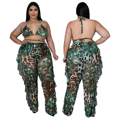 Summer Beach Sexy Special Printed Swimsuit Mesh Three Piece Set