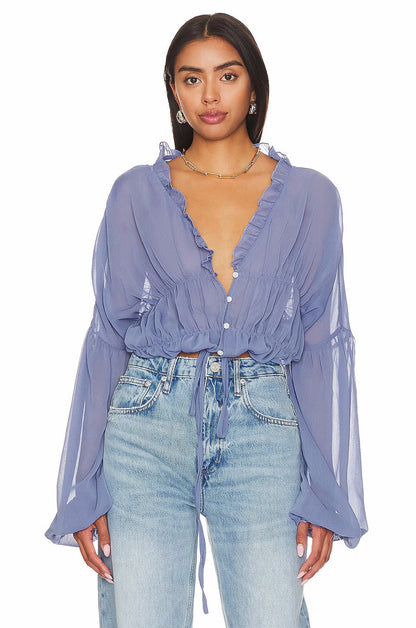 Fall Casual Women Wear Beach Cover Up Holiday Chiffon Bell Sleeve Top