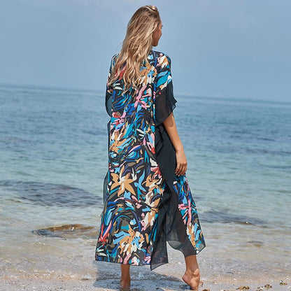 Wrinkle Solid Color Edge Robe Loose Dress Beach Sun Protection Clothing Swimsuit Bikini Cover Up Blouse