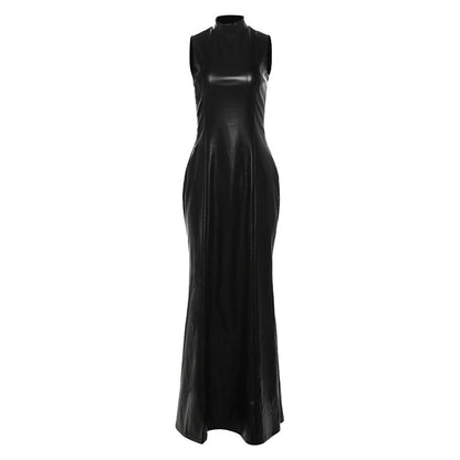 Women Clothing Autumn Winter Personality Turtleneck Slim Sleeveless Solid Color Faux Leather Dress Women