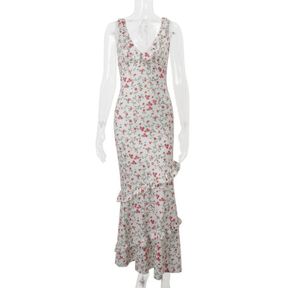 Spring Women Clothing Sexy V neck Halter Pastoral Floral Ruffled Slim Fit Dress Women