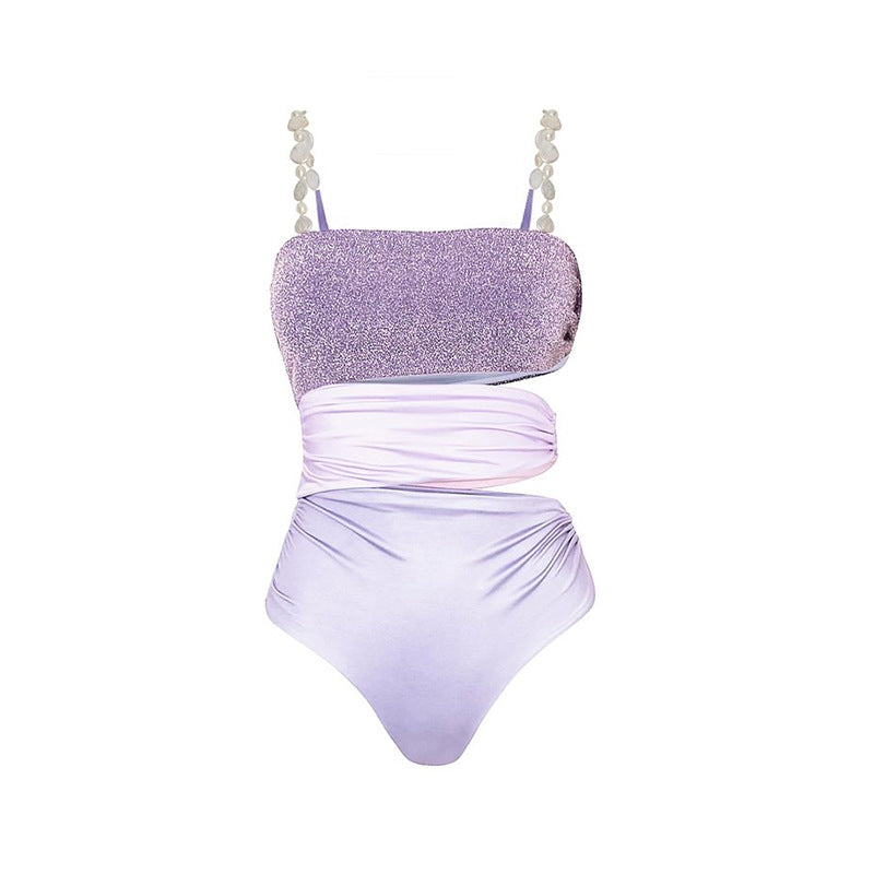 Pearl Shoulder Strap One Piece Swimsuit Women Vacation Beach Swimsuit