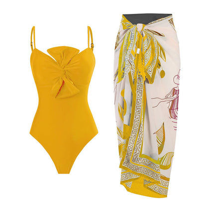 Bow Solid Color One Piece Women Swimwear Suit French Retro Cover Belly Slimming Swimsuit