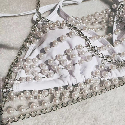 Sexy Pearl Chain Bandage Swimsuit Women Split Three Piece Bikini