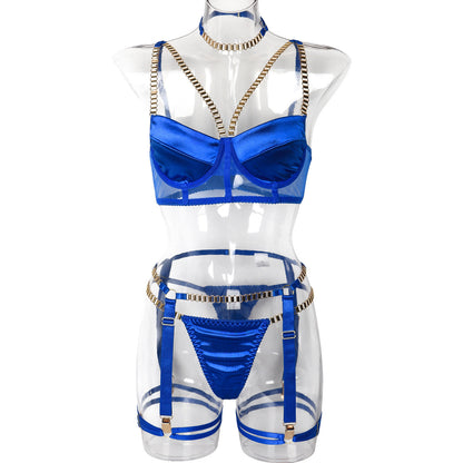 Women Clothing Thick Chain Heavy Industry Metal Stitching Four Piece Set Sexy Underwear