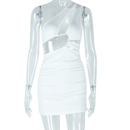 Casual Women Clothing Hollow Out Cutout Comfortable Elegant Simple Solid Color Hip dress Sleeveless Diagonal Collar Short Dress