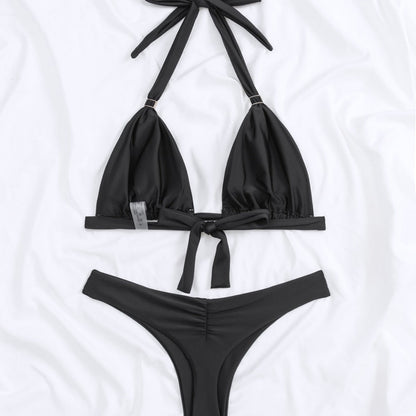 Bikini Solid Color Tied T Shaped Sexy Bikini Split Swimsuit Swimwear