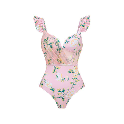 Floral Decorative Mesh Split Swimsuit Women High Waist Bikini Umbrella Skirt