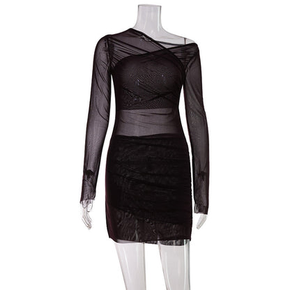 Winter Elegant Graceful Chest Cross Design Pleated Waist Tight Micro Transparent Slim Yarn Woven Hip Dress