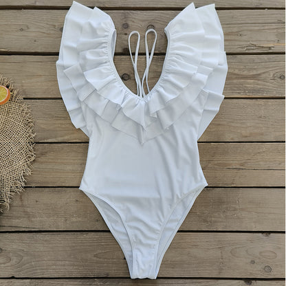 Solid Color Double Layer Ruffled Deep V Plunge Spaghetti Straps One Piece Swimsuit Women Swimsuit