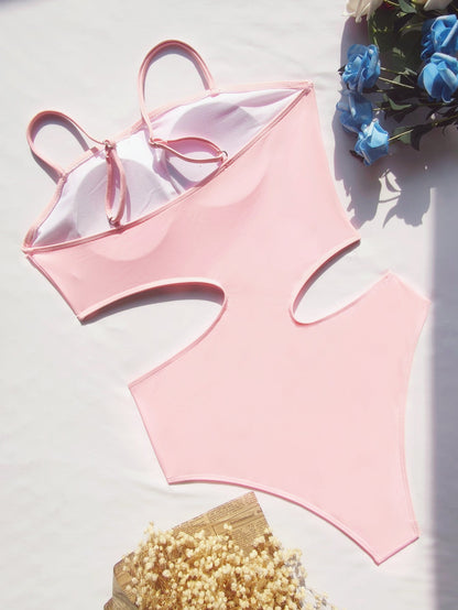 Bikini Double One-Piece Swimsuit Pink Bikini Swimsuit Women Swimwear Hollow Out Cutout out Solid Color