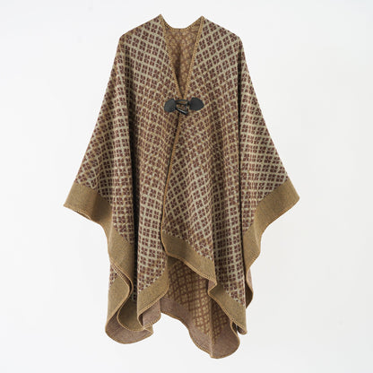 Four Seasons Button Shawl Autumn Winter Oversized Ethnic Thick Warm Split Cloak Travel Scarf for Women