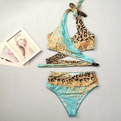Popular Women Swimsuit Cross Leopard Print Sequin Gradient Bikini