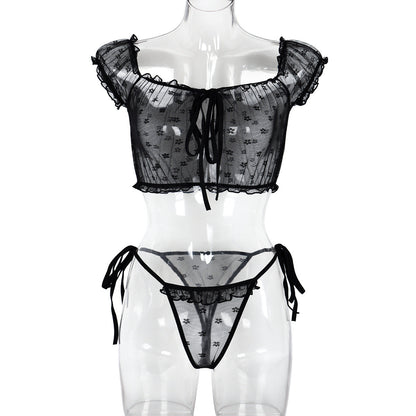 Sexy Underwear Two Piece Wooden Ear See through Bow Collar Sexy Cute Girl Set