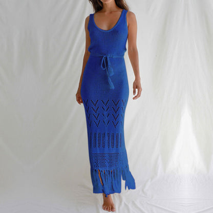 Sunscreen Beach Dress Hollow Out Cutout out Strap Women Maxi Dress with Tassel Bikini Swimsuit Blouse