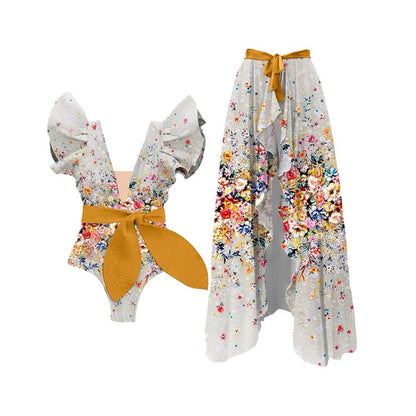 Bow Printing One Piece Women Swimwear French Retro Cover Belly Slimming Swimsuit